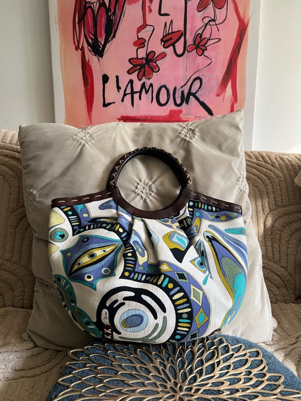 Authentic Emilio Pucci leather handle tote